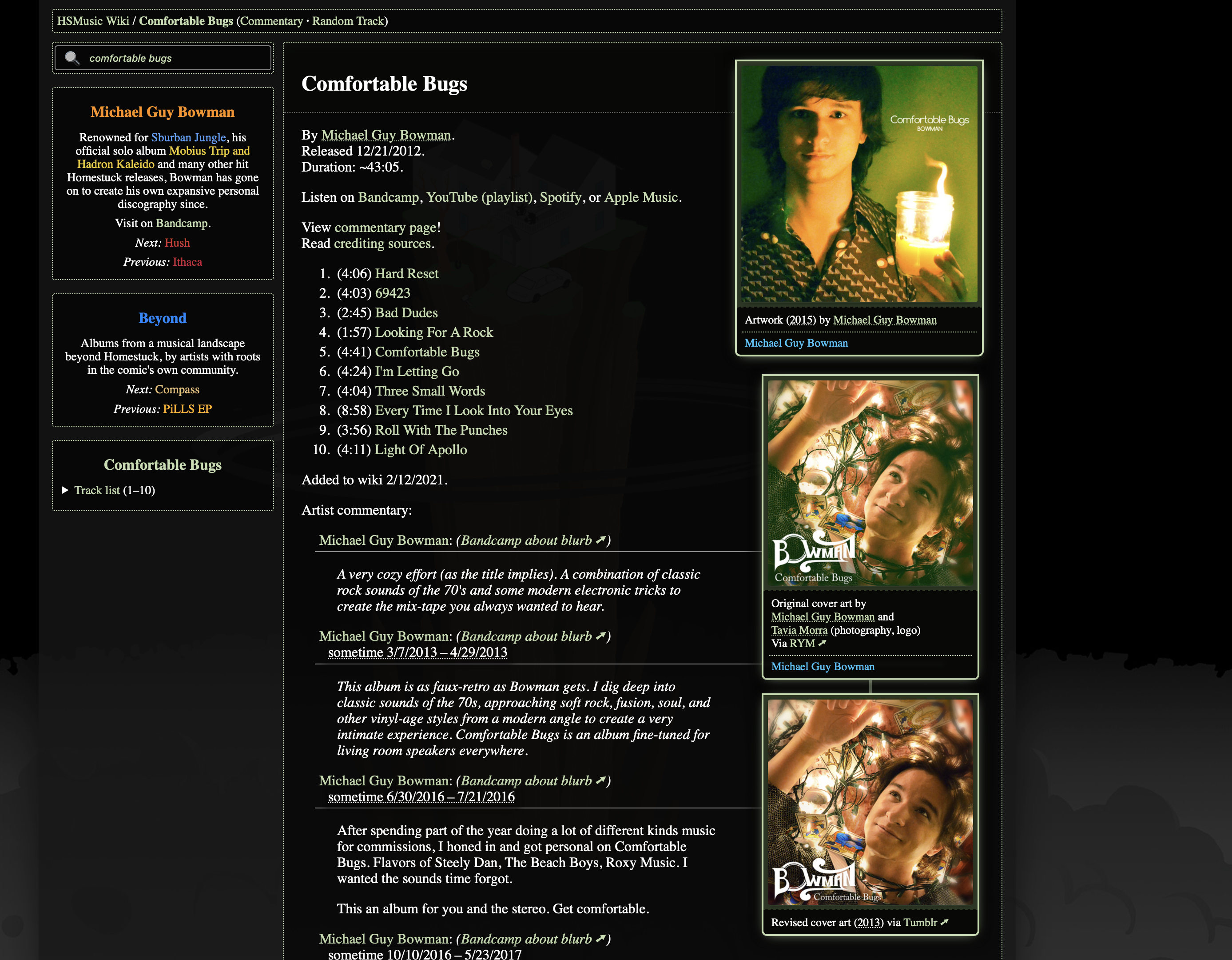 Three artworks in column for the album Comfortable Bugs. The first is shown bigger; the other two are the same size, and attached with a neat little chain link in the middle. The first two have full details, while the third's info area is briefer.