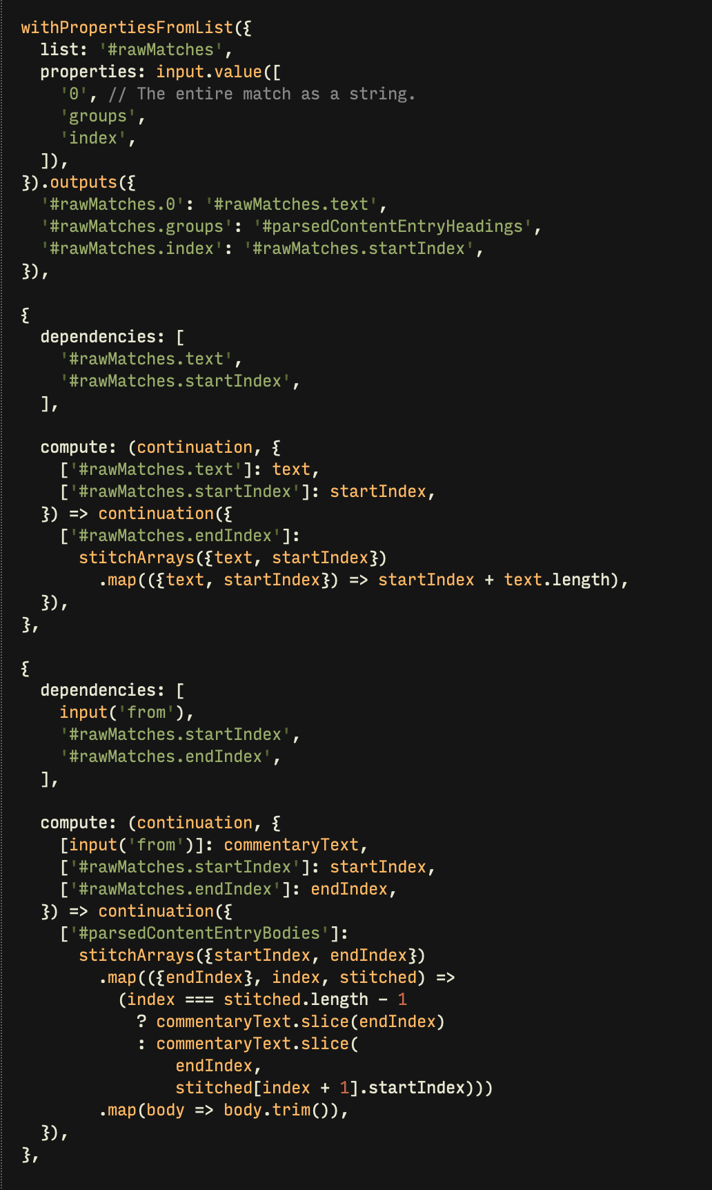 Processing matches from a regular expression with the same sort of composition coding. Funky, but it clearly works.