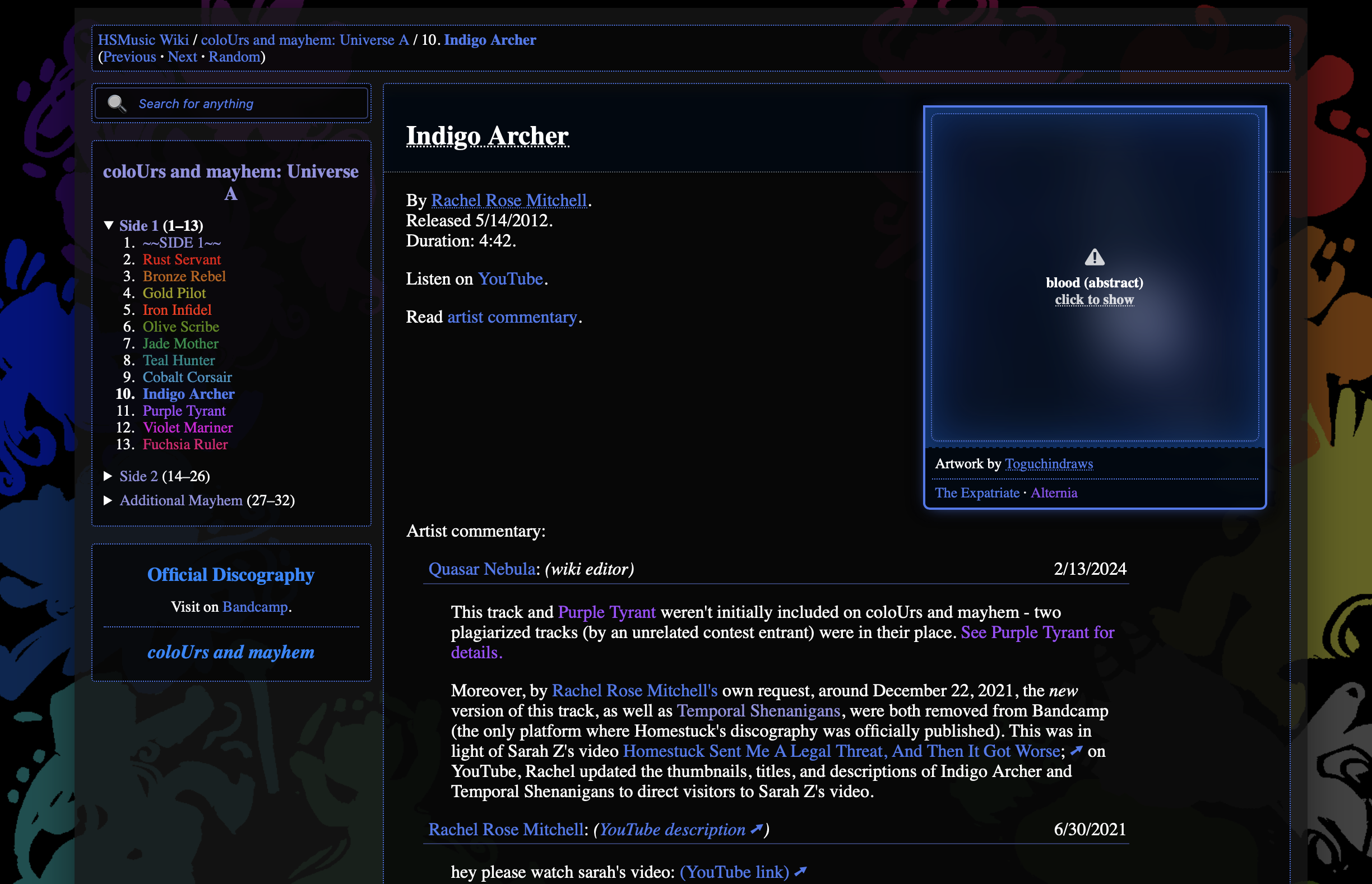 The track Indigo Archer, which is more or less a blank page with just an artwork and some release details; there's a lot of empty padding before the artist commentary section begins.