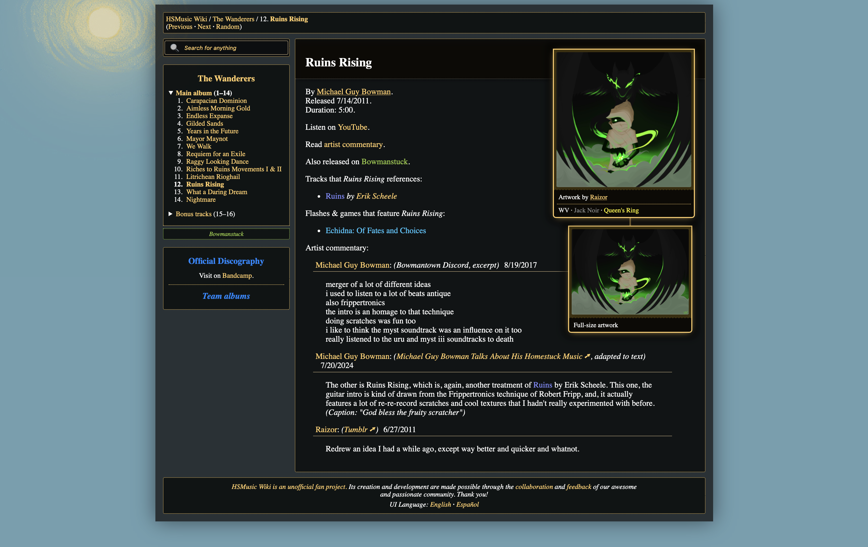 Ruins Rising, a track page with two artworks, some reference info, and commentary. The commentary entries extend further right than normal.