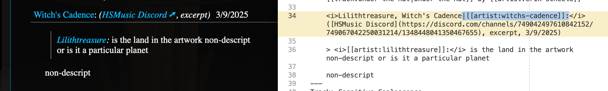 Custom artist text. The artists for this commentary entry are written as Lilithtreasure, Witch's Cadence, then followed by a pipe and just one wiki link, pointing to Witch's Cadence. On the website it displays only that link.