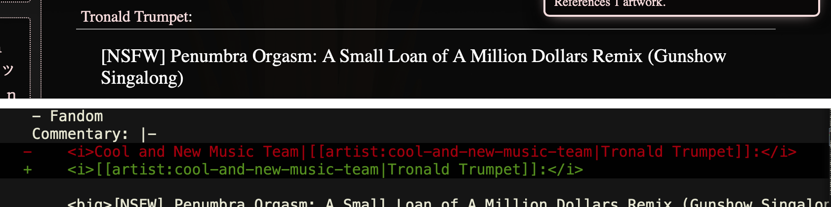 Diff showing a commentary entry which doesn't need to explicitly write out its Cool and New Music Team reference now, since the link is part of the displayed text anyway.